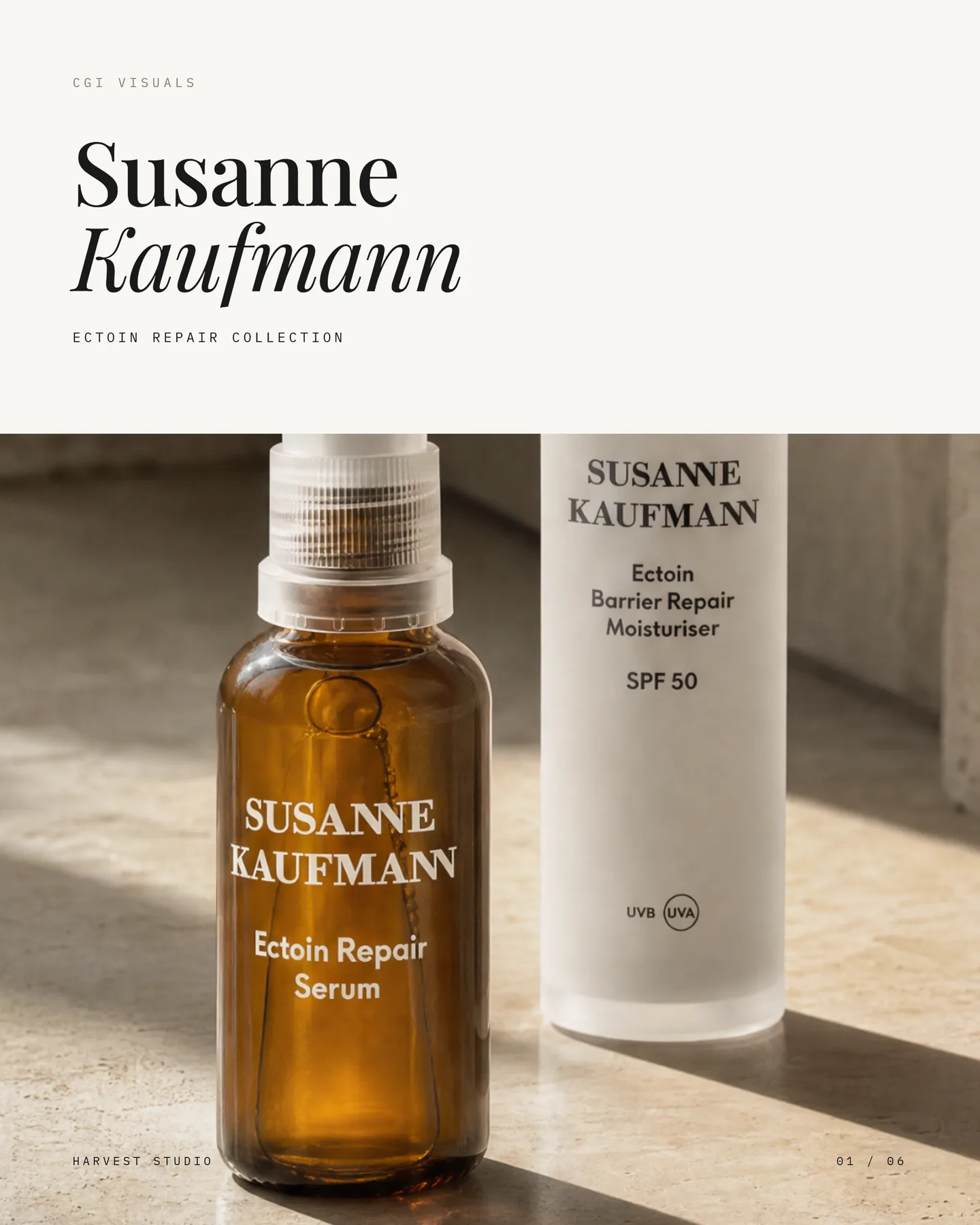 Editorial board for the Susanne Kaufmann Ectoin Repair collection, amber serum bottle in sunlight