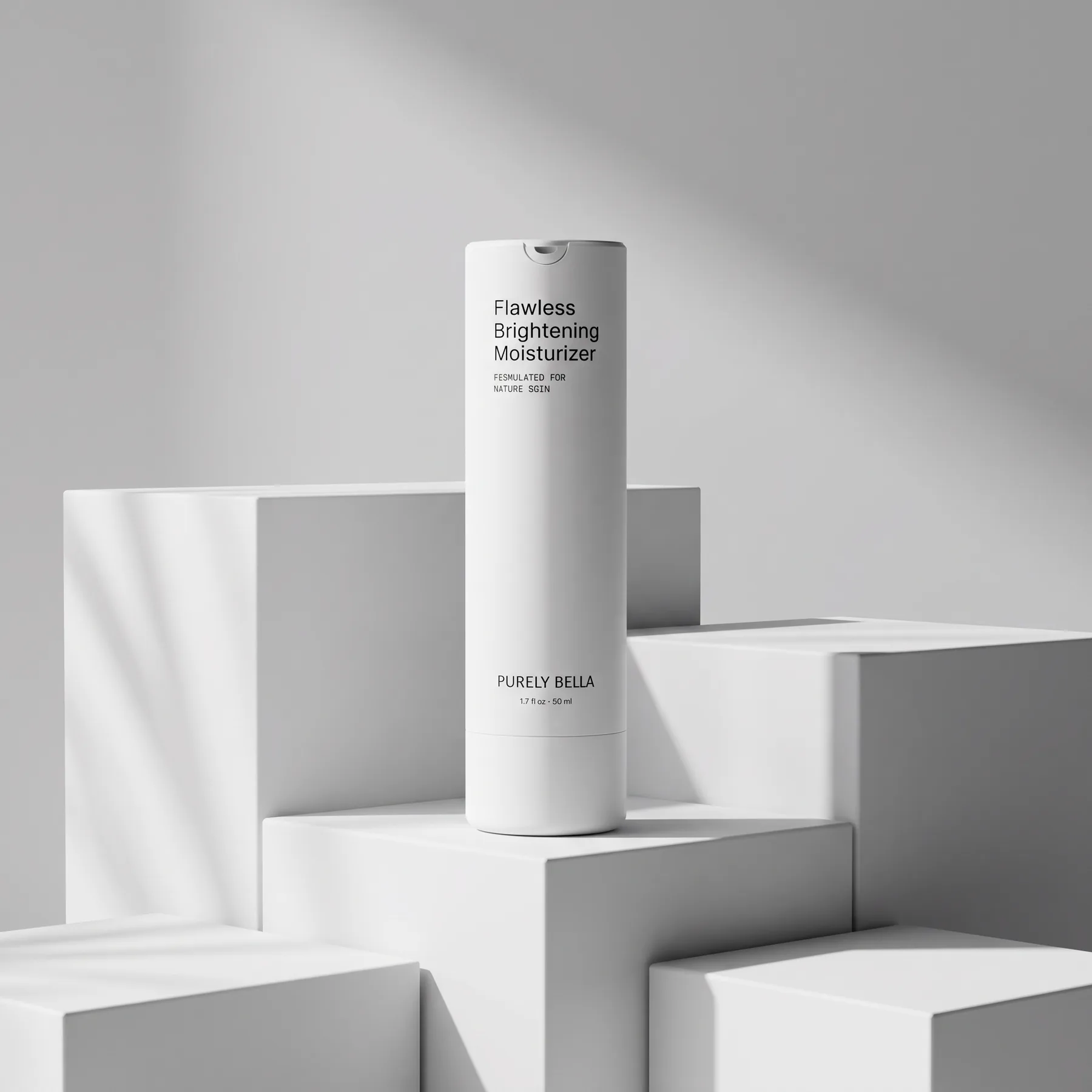 Purely Bella Flawless Brightening Moisturizer standing on white plinths in raking light